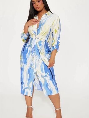 Fashion Nova Blue, White & Lime Marble-Print Button Front Midi Dress